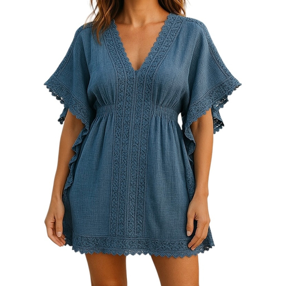 Denim Blue Open Knit Embroidered Bathing Suit Swim Coverup Kaftan Size SMALL